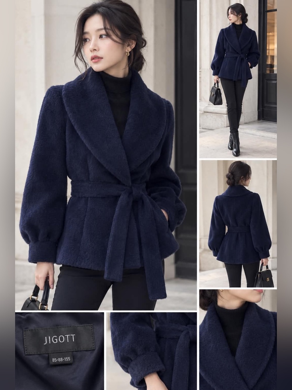 JIGOTT Korean Wool Alpaca Belted Jacket Coat Navy Blue Size 55 XS